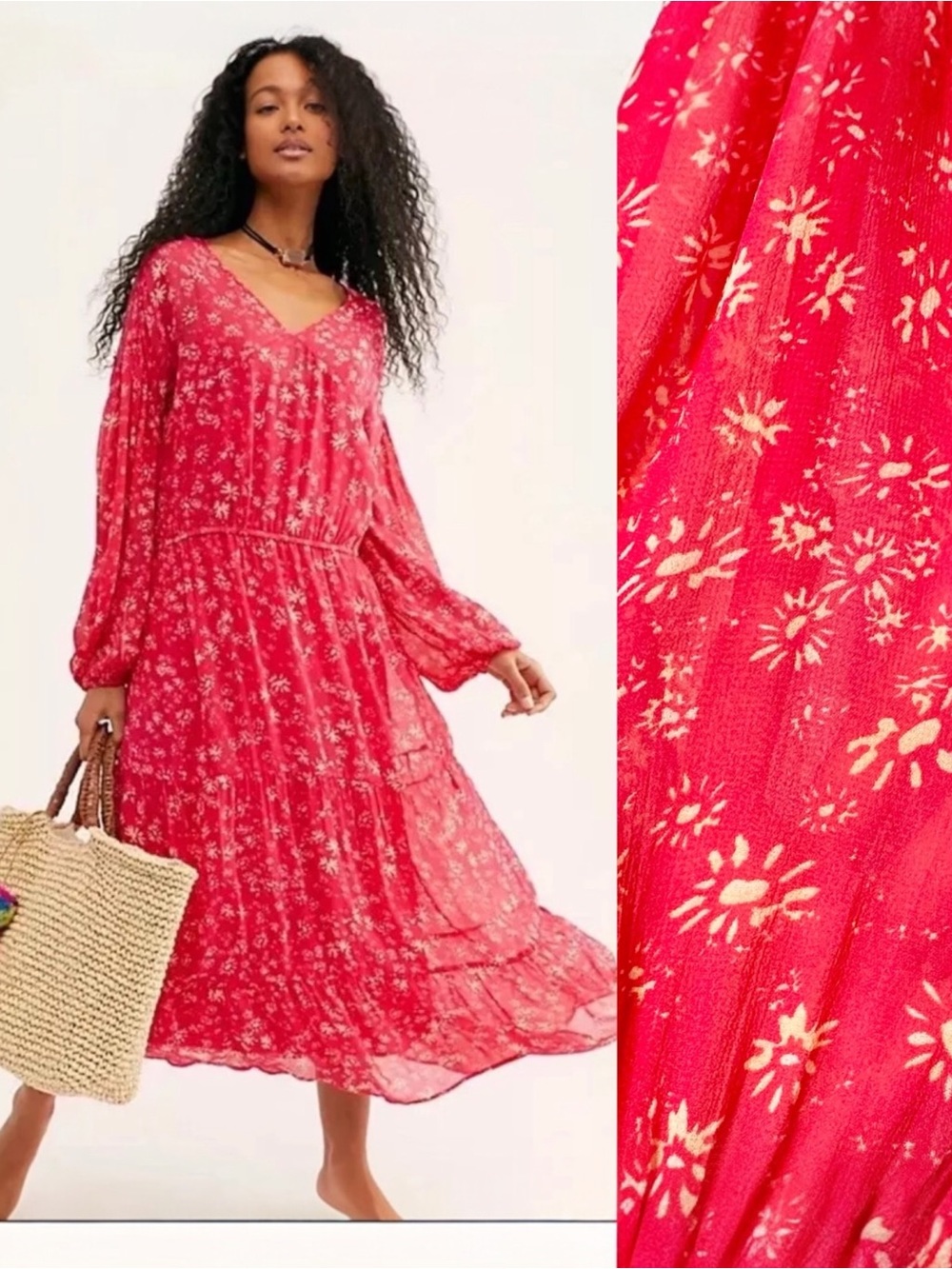 Free People Wallflower Hot Pink Floral Tiered Midi Maxi Dress w Slip L